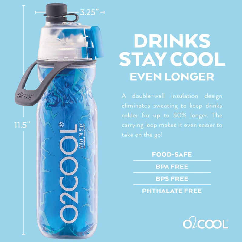 O2COOL Arctic Squeeze Mist 'N Sip Insulated Bottle w/Silicone Spout Cover And Locking Misting Function - 20 oz, Crackle Blue - Image 3